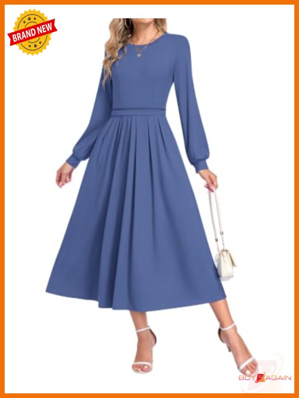 Womens Long Sleeve Maxi Dress Elastic Waist A-Line Pockets Bishop Sleeve